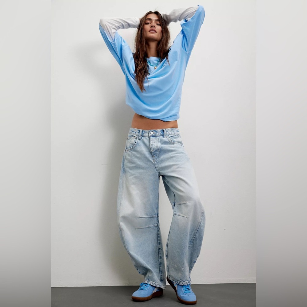 We The Free Good Luck Mid-Rise Barrel Jeans – Size 33 Short – Aegean